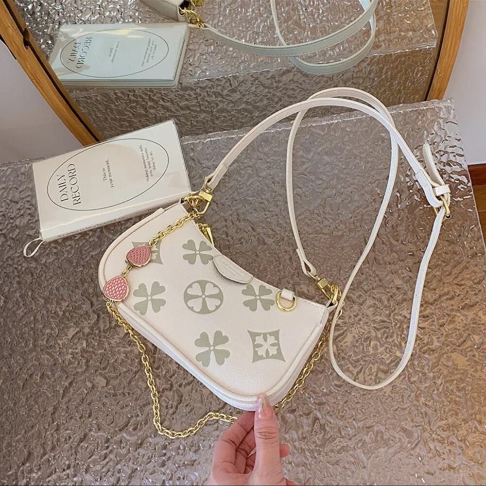 Cream Four Leaf Clover Shoulder Crossbody Bag Gold Chain